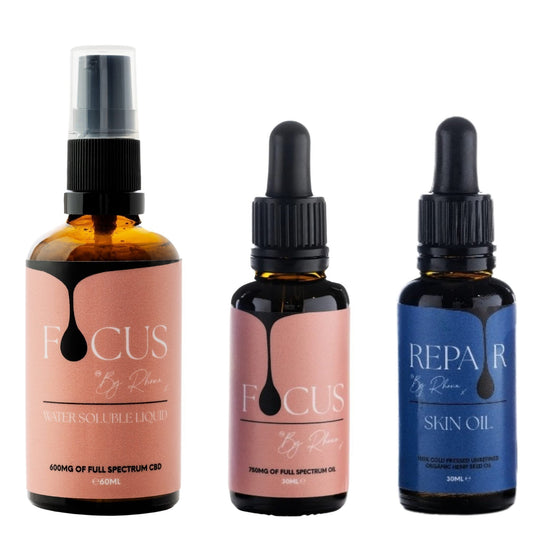 THE BIG BUNDLE DEAL - 60ML WATER SOLUBLE, 30ML FOCUS CBD OIL + 30ML REPAIR SKIN OIL